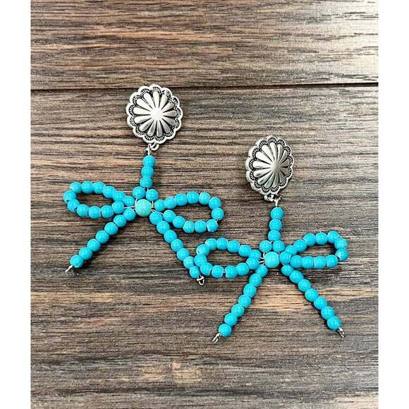 Handmade Ribbon Bow Post Earrings with Turquoise Beads, Western Boho, Ships in - Picture 4 of 9
